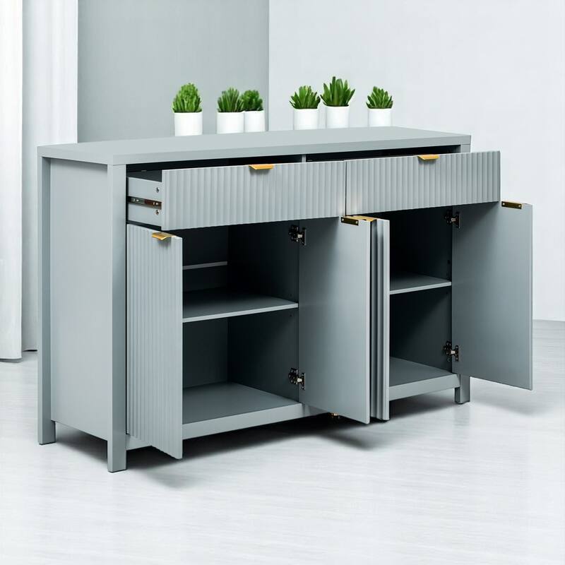 Wave-Grain Sideboard Buffet Cabinet with Drawers and Adjustable Shelves, 55in Console Table with Aluminum Handles