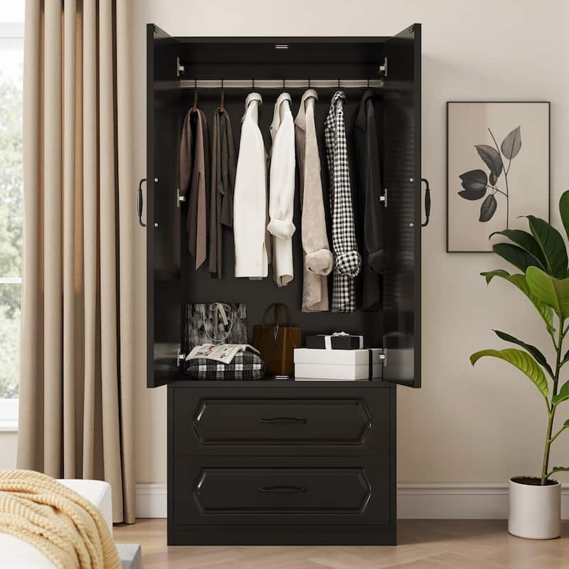 Pocassy 68.9" H Wardrobe Closet with 2 Doors and 2 Drawers