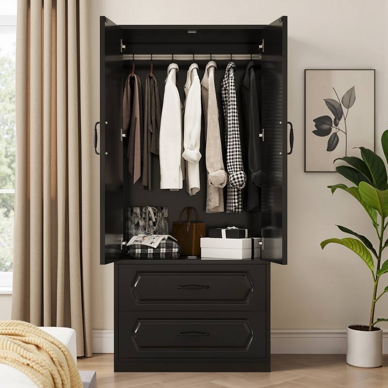 Pocassy 71" Tall Armoire with Hanging Rod Wardrobe Closet - Black