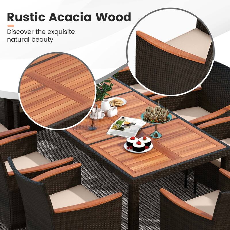 Costway 9PCS Patio Wicker Dining Set Acacia Wood Table Top Umbrella - See Details