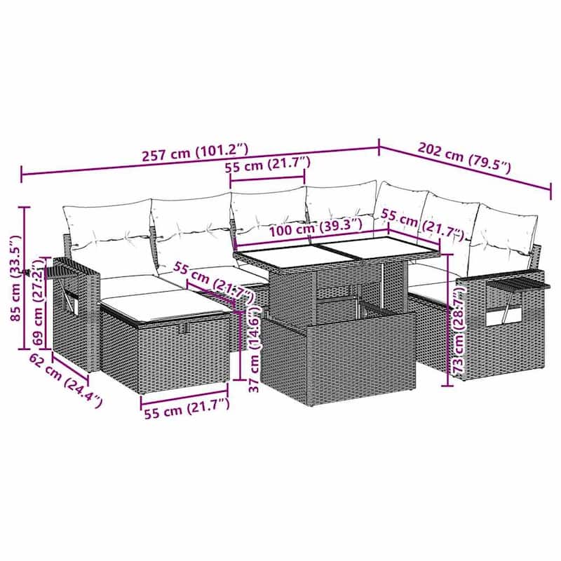 vidaXL Patio Sofa Set with Cushions and Table Outdoor Garden 8 Piece Poly Rattan - 24.4" x 24.4" x 27.2"