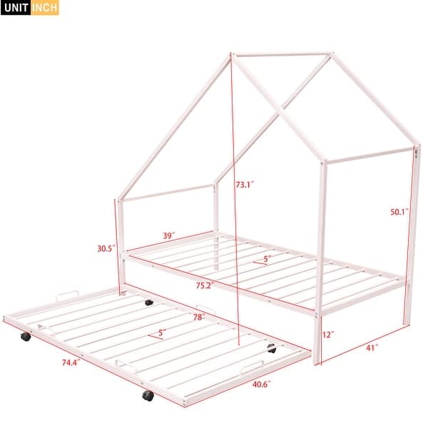Twin Size Metal House Bed with Pull-Out Trundle for Space-Saving and Versatile Children's Bedrooms