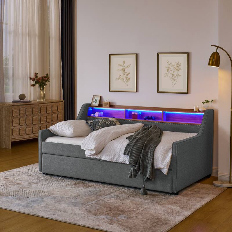 Roomfitters Twin Upholstered Daybed with LED Headboard Storage, Foldable-Leg Trundle & Wireless Charging - Grey - Twin