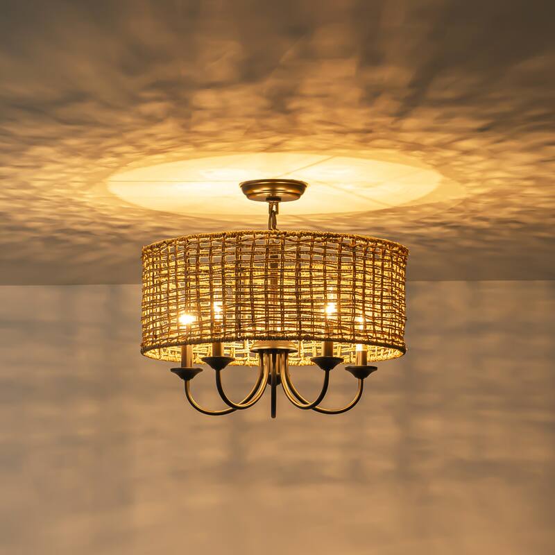 5-Light Modern Boho Hand Woven Drum Chandelier with Farmhouse Natural Rattan Shade - 19.6 in. W x 8.2 in. H