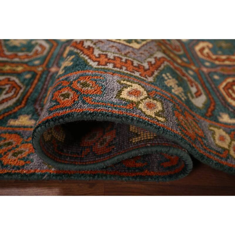 Green Geometric Kazak Indian Runner Rug Hand-Knotted Wool Carpet - 2'5"x 9'9"