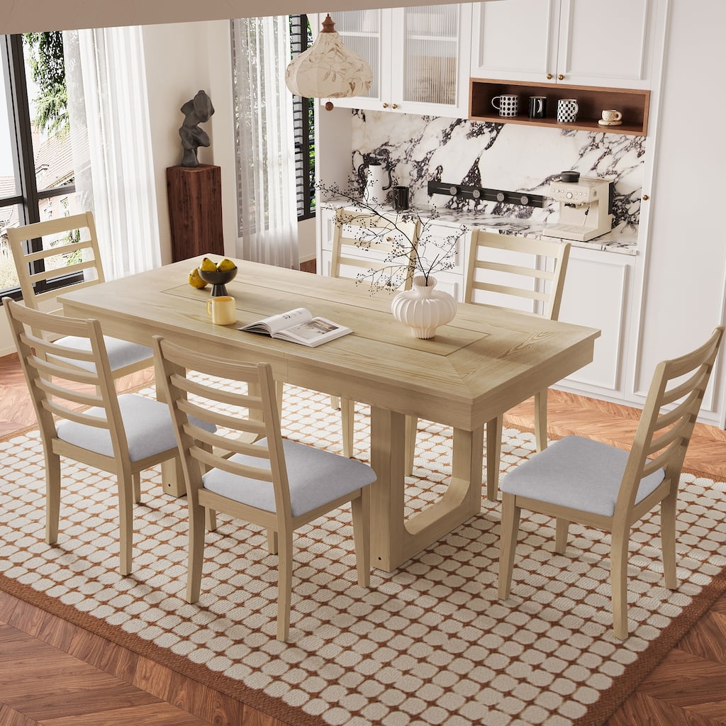 7 Piece, Farmhouse Extendable Dining Table Set with Extendable Table, Move Leaf and 6 Chairs, for Dining Room and Kitchen