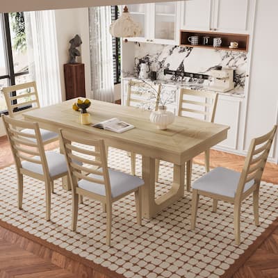 7 Piece Extendable Dining Table Set, Farmhouse Extendable Table with 18" Move Leaf