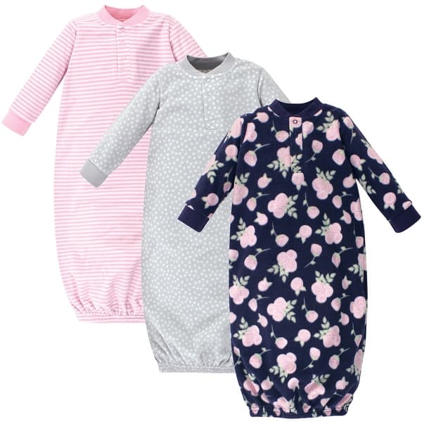 slide 1 of 1, Hudson Baby Infant Girl Fleece Long-Sleeve Gowns 3pk, Navy Rose, 0-6 Months - Navy Rose 0-6 Months - Navy Rose