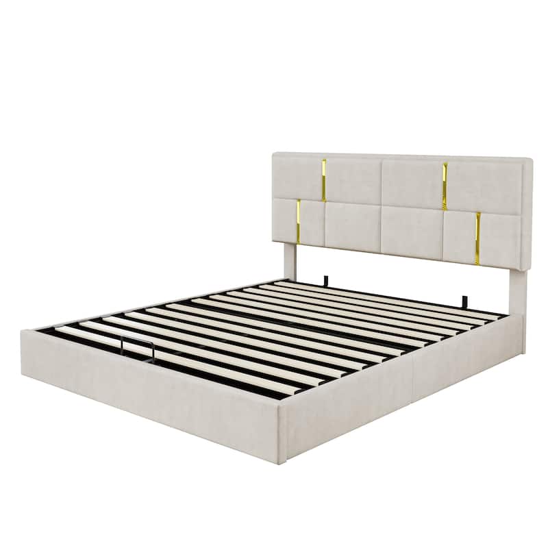 Modern Elegance 2-Piece Bedroom Set with Lift-Up Storage Platform Bed and Gold-Leg Ottoman by Harper&Bright Designs