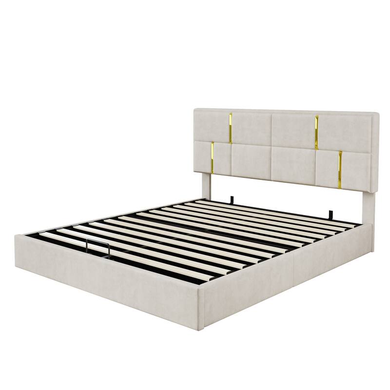 Roomfitters 2 Piece Bedroom Set, Queen Upholstered Platform Bed with Hydraulic Lift Base and Matching Ottoman Bench, Beige