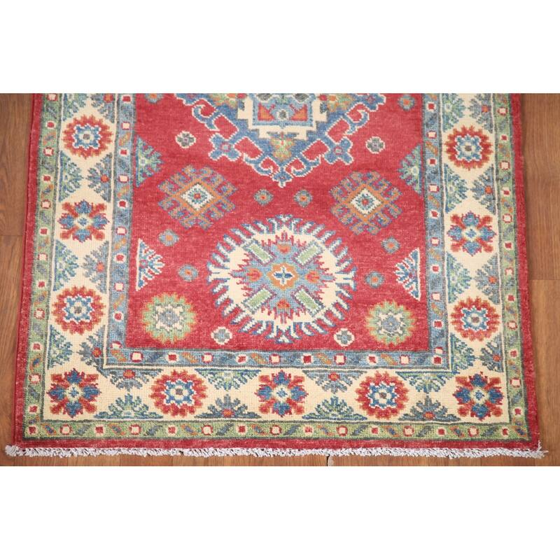 Hand Knotted Oriental 100% Wool Carpet Traditional Geometric Red Kazak Area Rug - 6' 5'' X 2' 9''