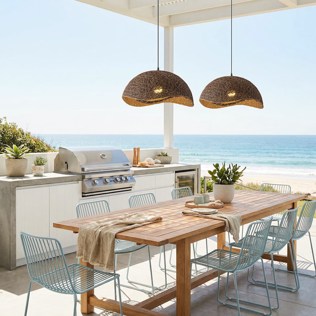 1-Light Boho Brown Rattan Hand-Woven Cloche Hanging Basket Pendant Light - 20.47" W x 12.59" H