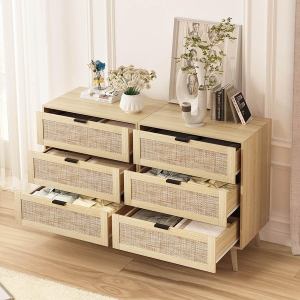 Set of 2 Rattan 3 Drawer Dresser, 6 Drawer Dresser, Wide Dresser Boho Rattan Cabinet with Solid Wood Legs & Metal Handles - Bed Bath & Beyond - 38190341 Set of 2 Rattan 3 Drawer Dresser, 6 Drawer Dresser, Wide Dresser Boho Rattan Cabinet with Solid Wood Legs & Metal Handles - Bed Bath & Beyond - 38190341