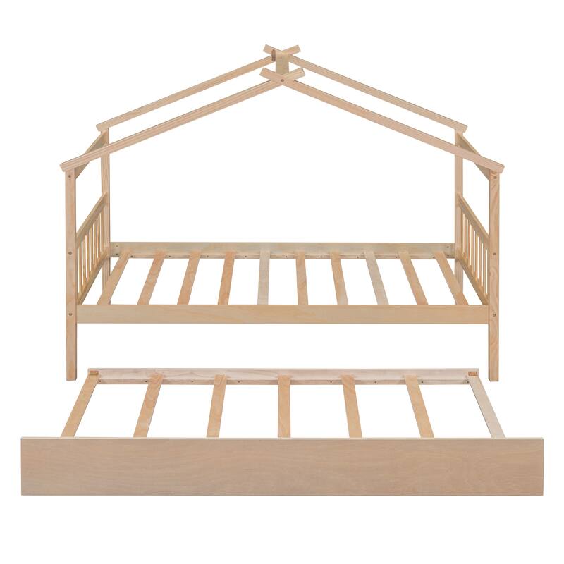 Twin/Full House Bed with Pull-Out Trundle, Solid Pine Wood Frame for Sleepovers