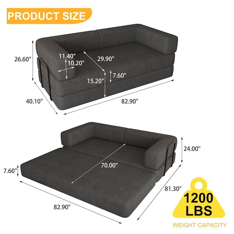 Convertible Floor Sleeper Sofa with Plush Pillows, Mattress Lounge Loveseat, Folding Sofa Bed with Adjustable Armrests