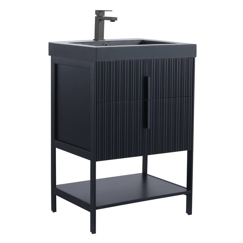 Fine Fixtures Serenity Modern Bathroom Vanity with Black Gel Acrylic Top - Black Matte - Black Hardware - 24 inch