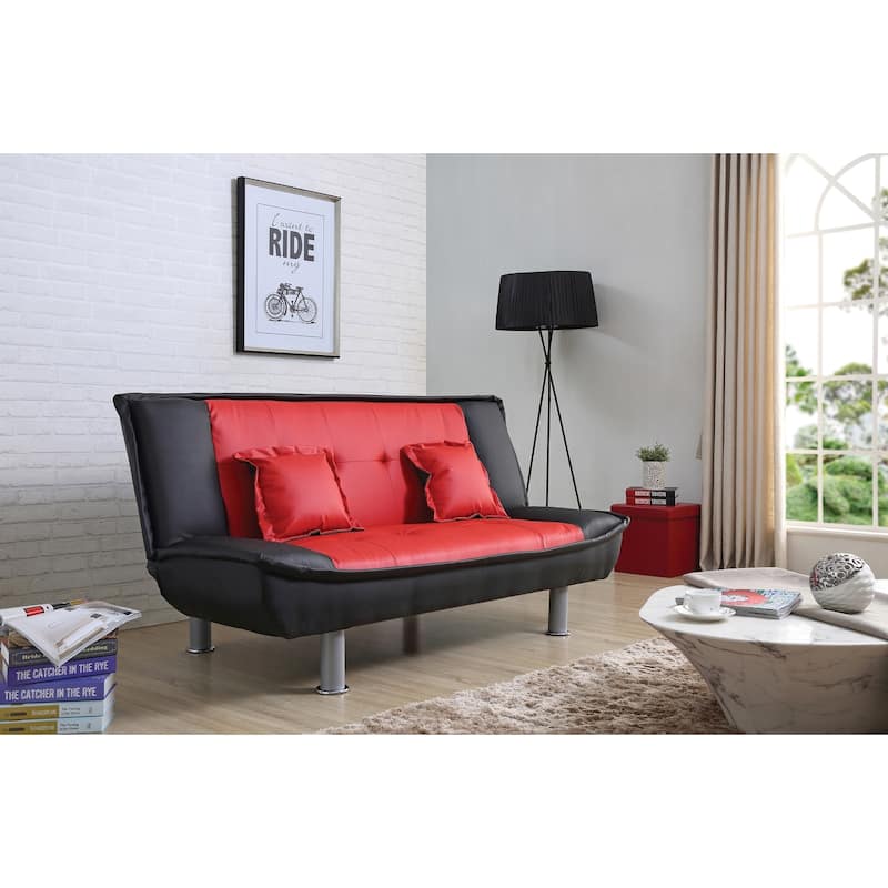 Armless Faux Leather Tufted Straight Sofa with Pillows - 74" - Red and Black