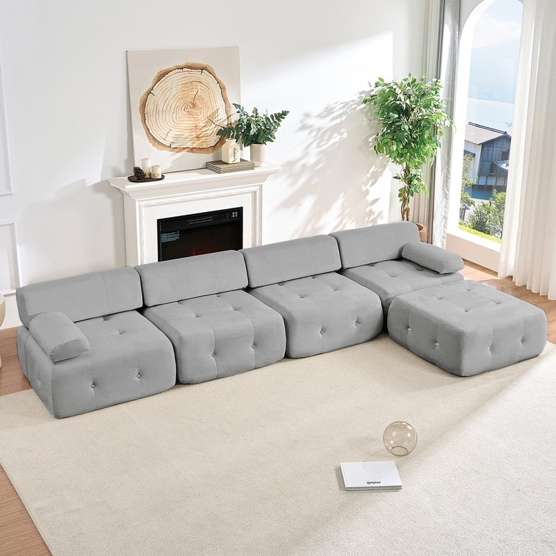 Mixoy 134inch Modular Sectional Sofa with Ottoman,Velvet L-Shaped Couch Indoor for Living Room - 133.9"w x 66.9"D x 24.8"H