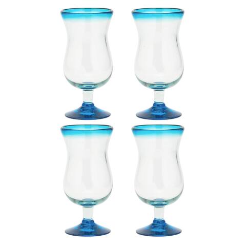 Amici Home Authentic Mexican Handmade Aqua Rim Hurricane Glass, Set of 4 - Aqua Rim - 16 Ounces
