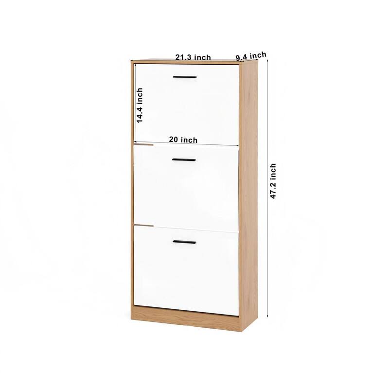 Shoe Storage Cabinet with 3 White Panel Flip Drawers, Freestanding Organizer for Entryway, Narrow Shoe Rack Cabinet - Natural