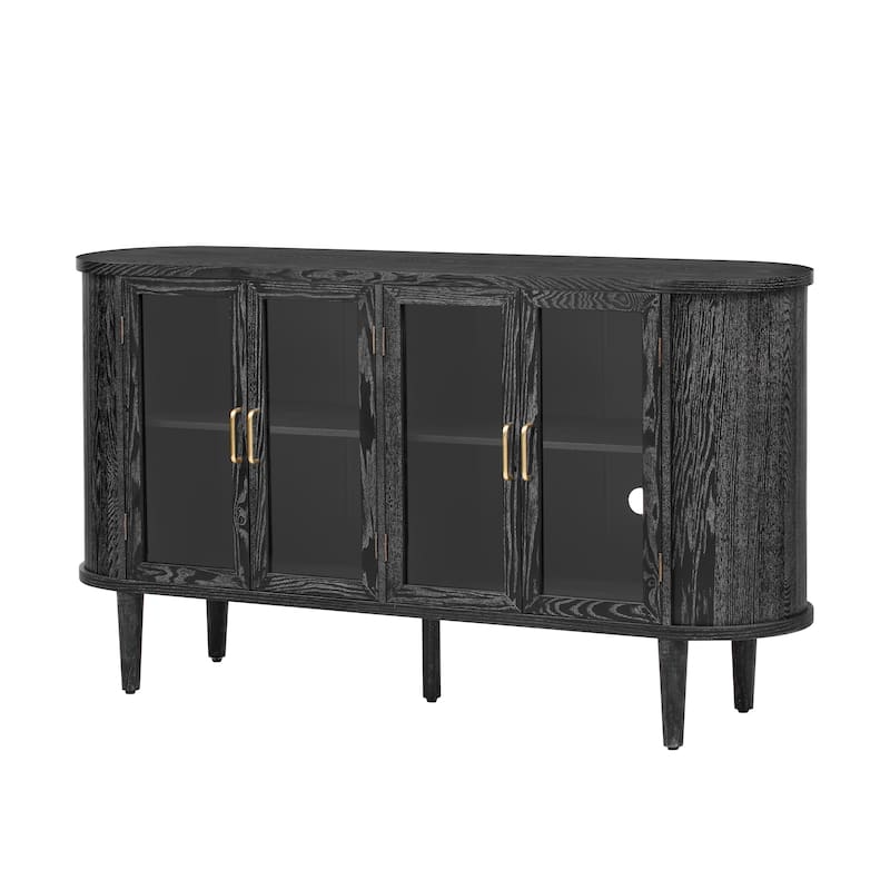 Anmytek Curved Glass Door Sideboard with Gold Handles Dark Wood Farmhouse Buffet Console
