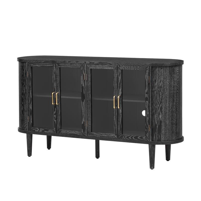 Buffet Cabinet with Glass Doors, Multifunctional Solid Wood Sideboard, Storage Cabinet with Adjustable Shelves & Oval Tabletop