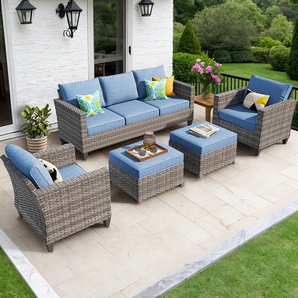 slide 2 of 84, OVIOS 5-Piece Outdoor Wicker Patio Conversation Set Denim Blue