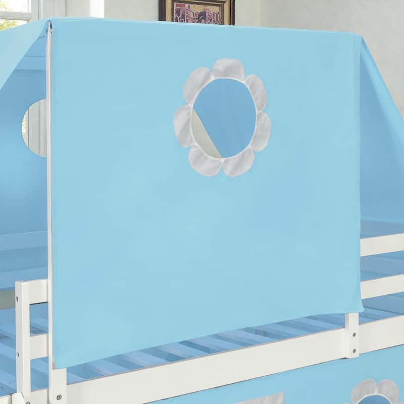 Kids Loft Bed with Slide, Tent and Tower, Solid Wood Castle Playhouse Loft