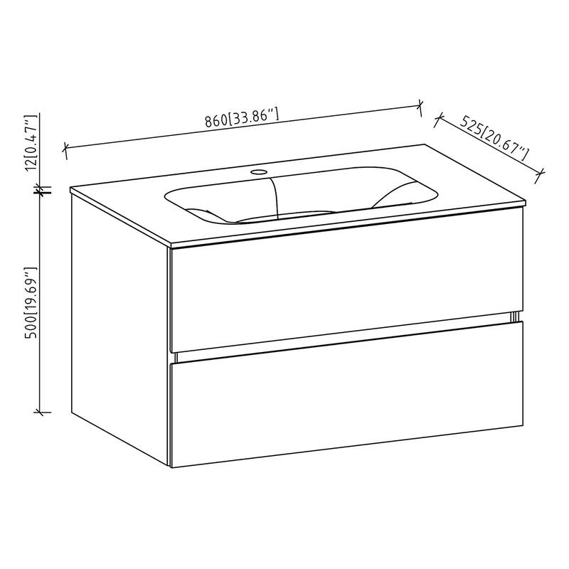 Wall-Mounted Bathroom Vanity Set in White with Black Quartz Top and Integrated Sink