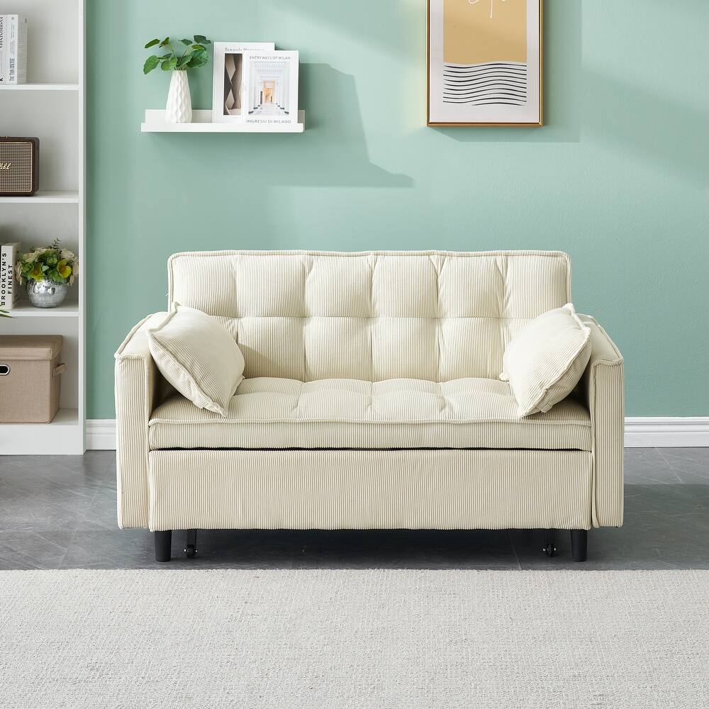 Beige Corduroy Loveseat Pull-Out Sofa Bed with Adjustable Back