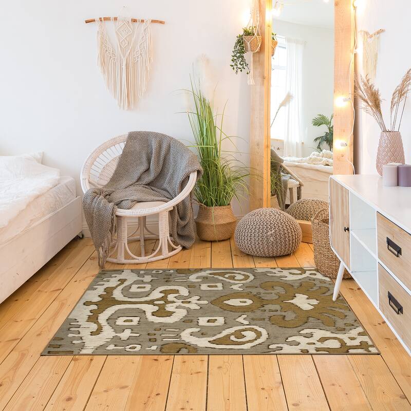 My Magic Carpet Machine Washable Rug Ochre Ikat Grey/Gold