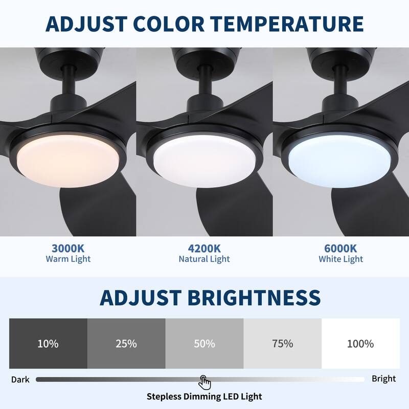 52 inch Modern Outdoor Waterproof Black Ceiling Fan with Light and Quiet DC Motor