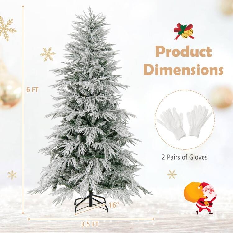 Pre Lit Snow Flocked Artificial Christmas Tree with Warm White LED Lights and Metal Stand