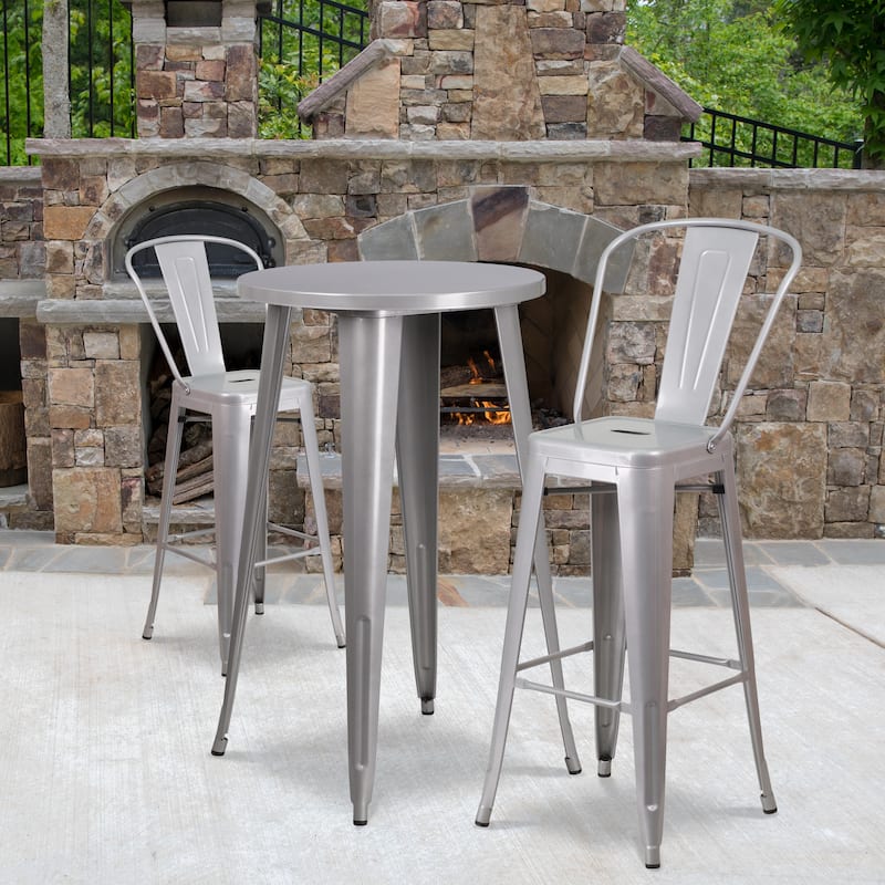 24'' Round Metal Indoor-Outdoor Bar Table Set with 2 Cafe Stools - 24"W x 24"D x 41"H - Silver