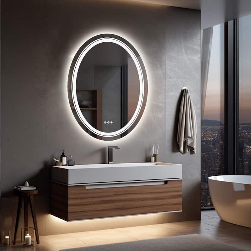 Oval Frameless Dual LED Wall Bathroom Vanity Mirror Dimmable Anti-Fog