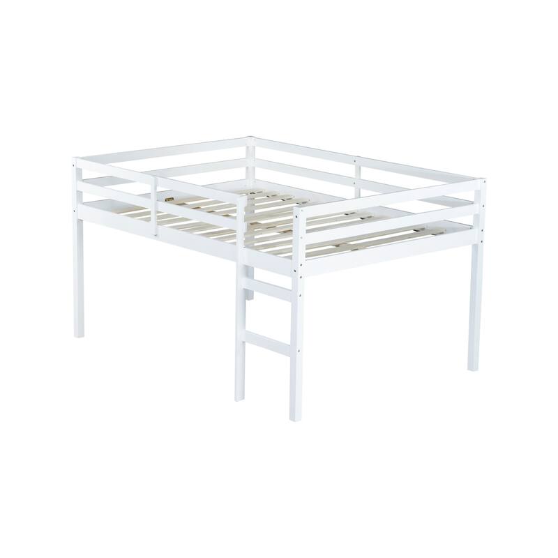 Roomfitters Full Rubber Wood Loft Bed with Ladder, Reinforced Slat Platform, Low Height Space Saving Design