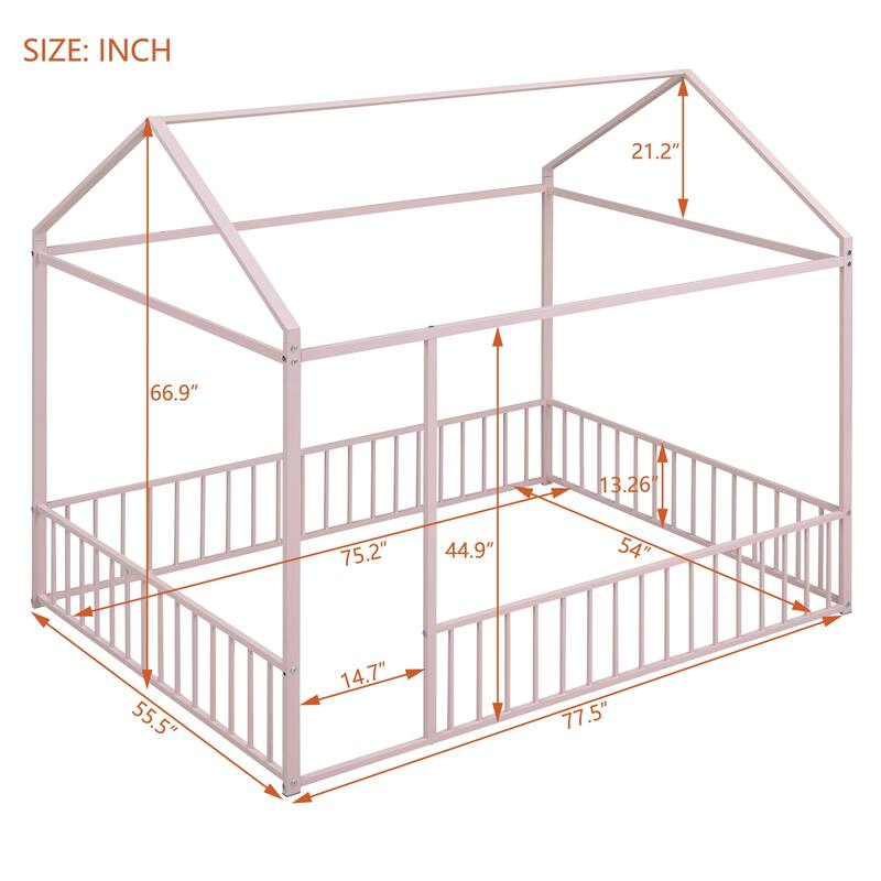 Roomfitters Full Size Metal Bed House Bed Frame with Fence, for Kids, Teens, Girls, Boys