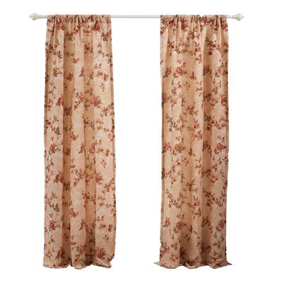 Munich 4 Piece Flower and Petal Print Fabric Curtain Panel with Ties,Beige
