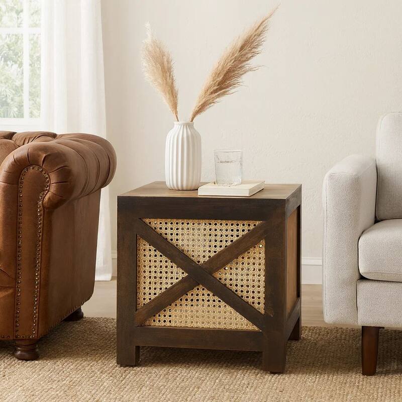 Accent Ottoman Table, 16 Inch Square, Boho Style, Cane Wicker