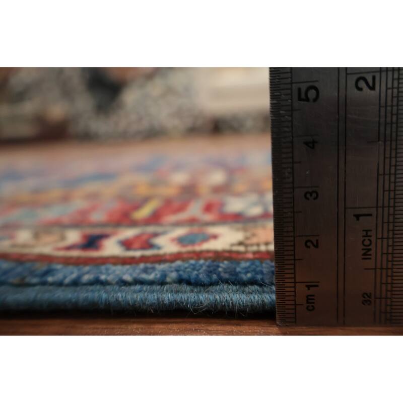 Hand Knotted Oriental 100% Wool Carpet Traditional Geometric Navy Blue & Blues Kazak Runner Rug - 9' 11'' X 2' 7''