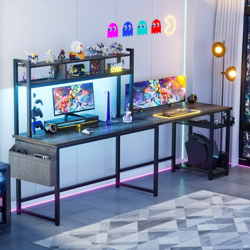 Reversible L-Shaped Desk with Storage Shelves and Hutch, Corner Desk with Charging Station and RGB LED Lights