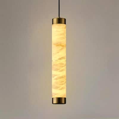 KAYLA Natural Alabaster Pendant Light - Brass Cylinder Marble Long Hanging Light - 19in
