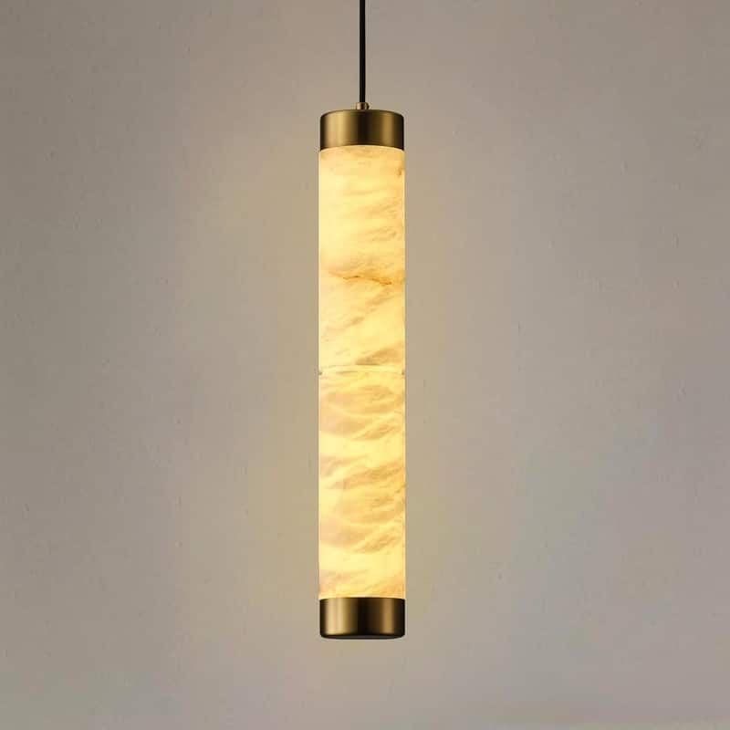 KAYLA Natural Alabaster Pendant Light - Brass Cylinder Marble Long Hanging Light - 19in