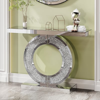 O Shaped Mirror Console Table with Crystal Hallway Entry Home Décor, Handicrafts Mirror Table,Mirror Glass Table for Room