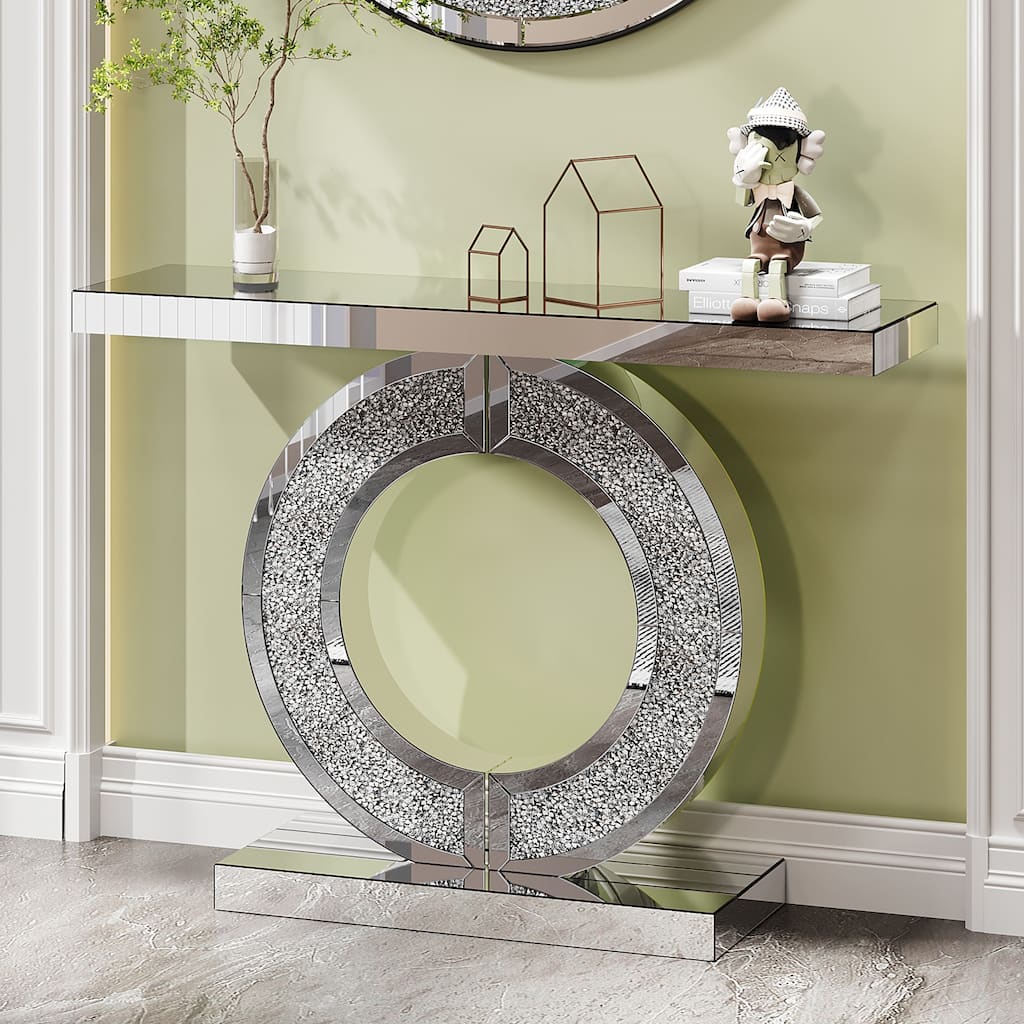 O Shaped Mirror Console Table with Crystal Hallway Entry Home Décor, Handicrafts Mirror Table,Mirror Glass Table for Room