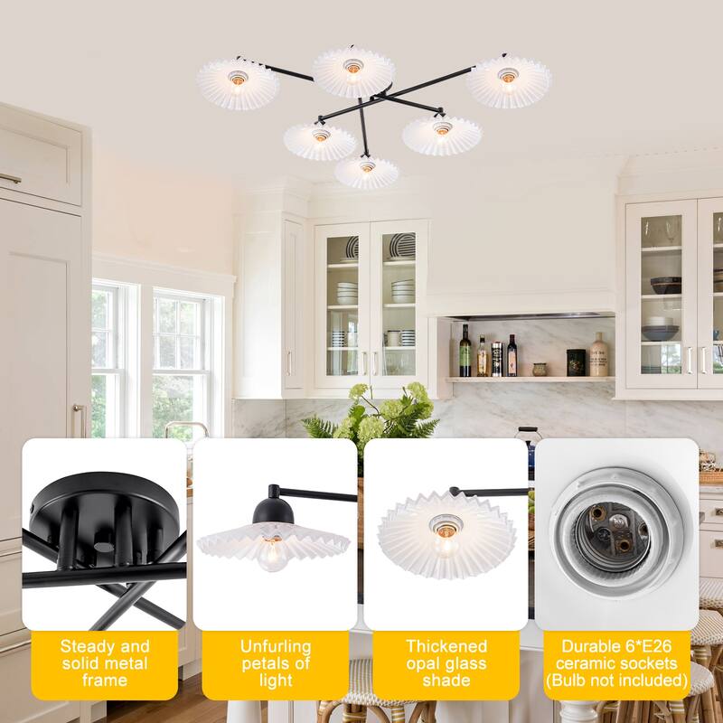 6-Light Matte Black Branch Flush Mount Ceiling Light with White Glass Shades - Dia.40.16-in