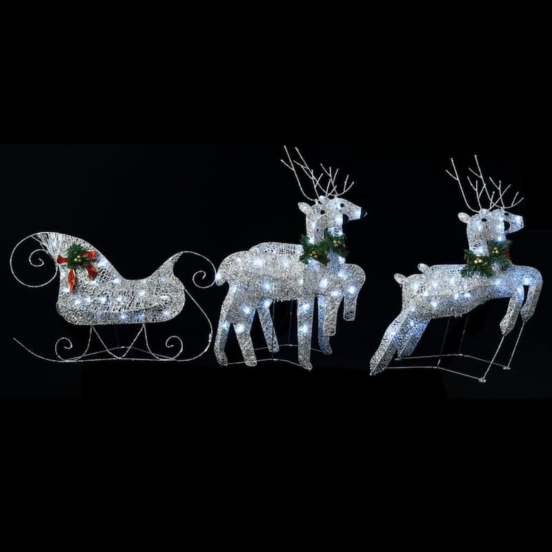 Outdoor 4 Reindeer n Sleigh Christmas Decoration, 100 LEDs, Cool White - Cool White