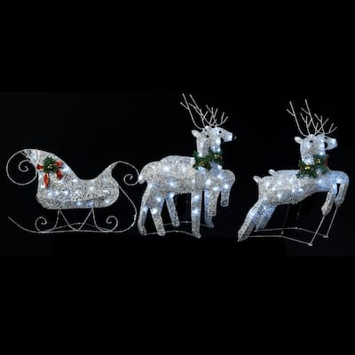 Outdoor 4 Reindeer n Sleigh Christmas Decoration, 100 LEDs, Cool White - Cool White