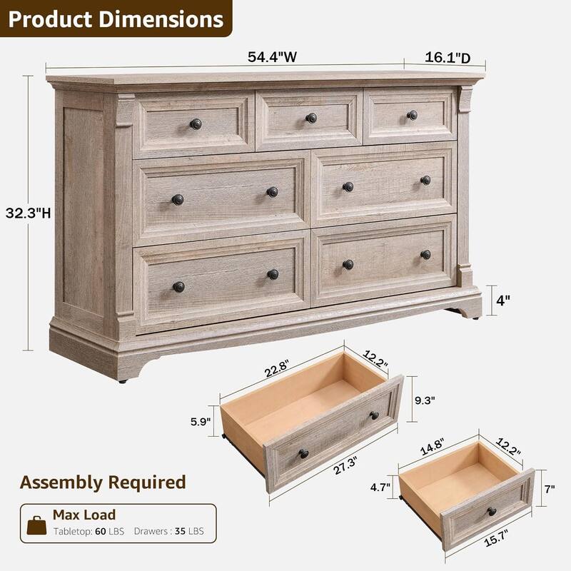 Farmhouse 7-Drawer Dresser for Bedroom, Wood Rustic Chest of Drawers