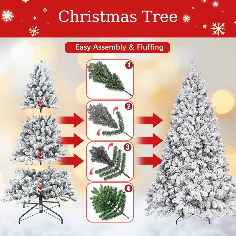 6FT Flocked Christmas Tree with Pine Cones -Snowy PVC Artificial Holiday Tree,888 Tips,36 Natural Pinecones,Sturdy Metal Stand